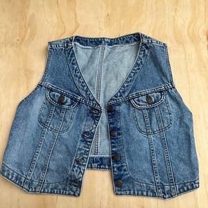Vintage 90s Lee Denim Vest Cropped Western -Blue Jean-Women Large - Button